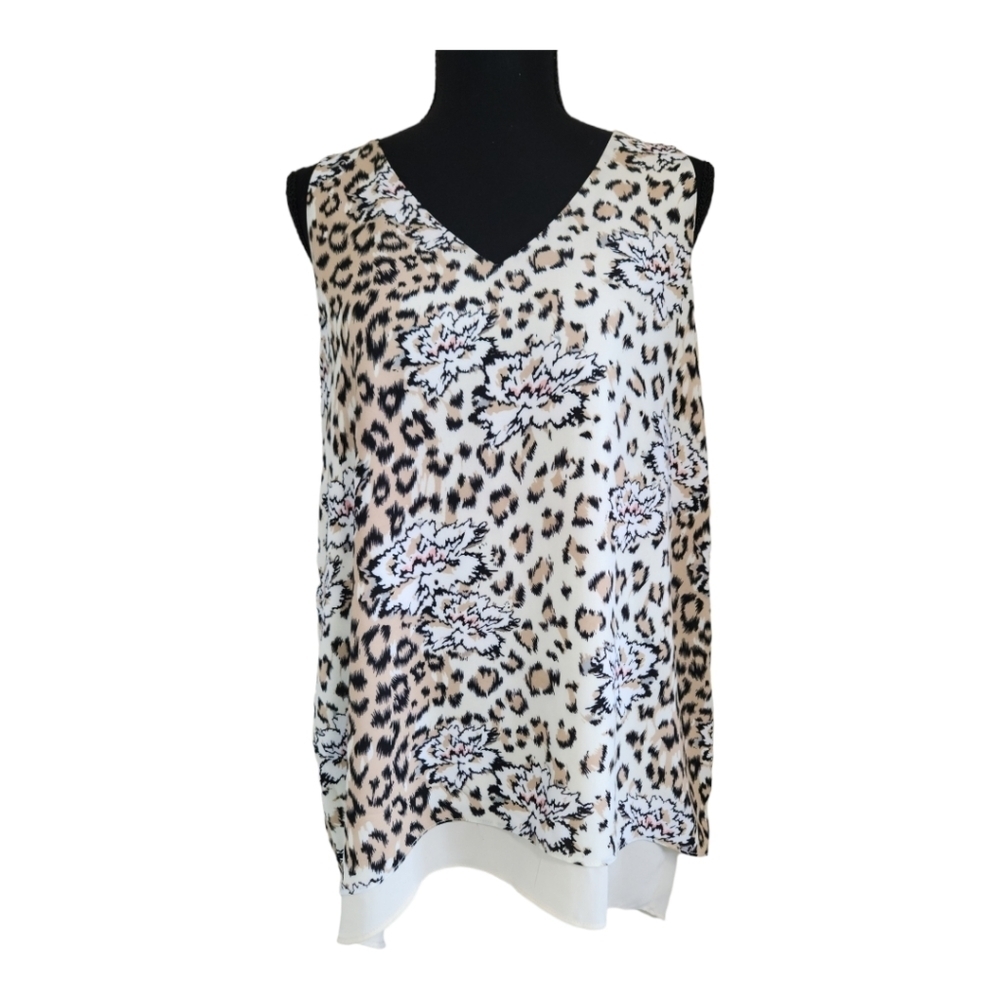 PHILOSOPHY mob-wife animal print sleeveless layered blouse black cream tan sz M